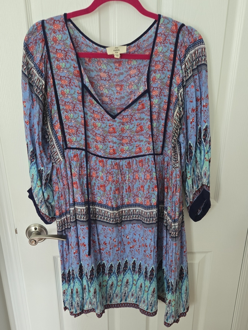 Entro Light Blue Floral Peasant Dress with Navy Trim